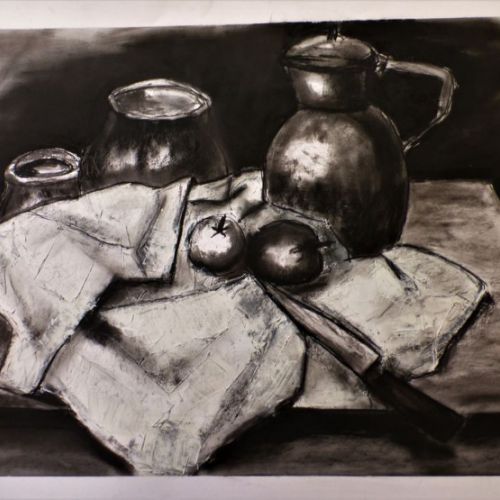 Collage, pierre noire, fusain, acrylique